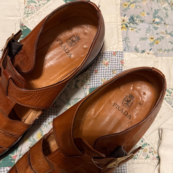 Prada Men's Tan Leather Buckle Loafers